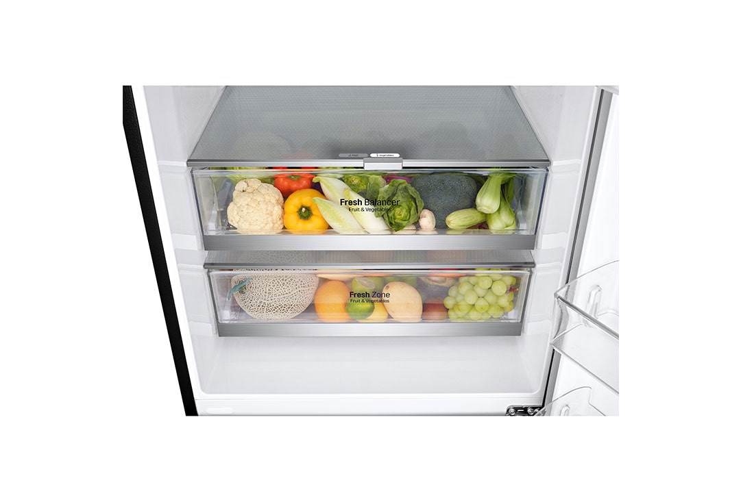 LG Bottom Mount Refrigerator, Inverter Compressor, Multi AirFlow, Matte Black , Top Drawer with food, GR-F589BQCM, thumbnail 4