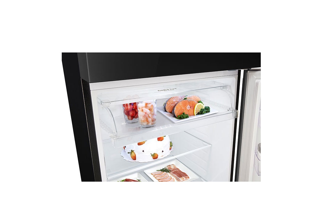 LG New Smart Inverter™, Top Freezer Fridge, LinearCooling™, DoorCooling+™, top perspective open view with food stored, GR-B642PGFK, thumbnail 8