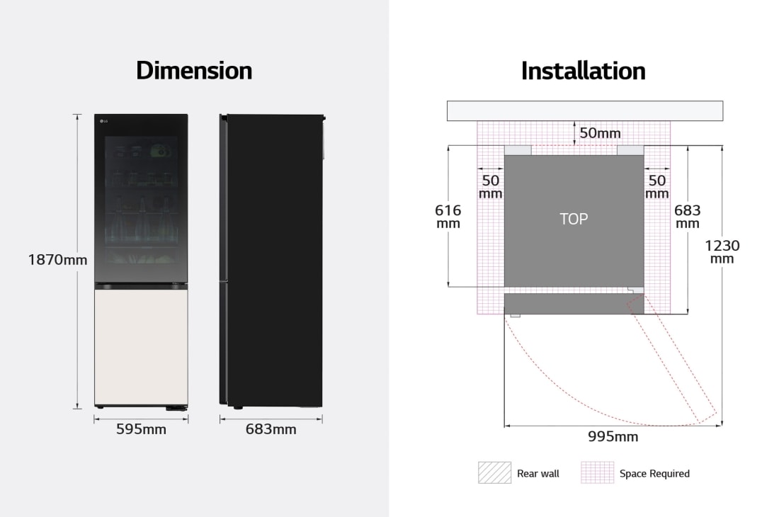 LG 349L Bottom Freezer Refrigerator, Beige glass, InstaView™, LinearCooling™, image of installation and dimension., GR-V479QGKW, thumbnail 7