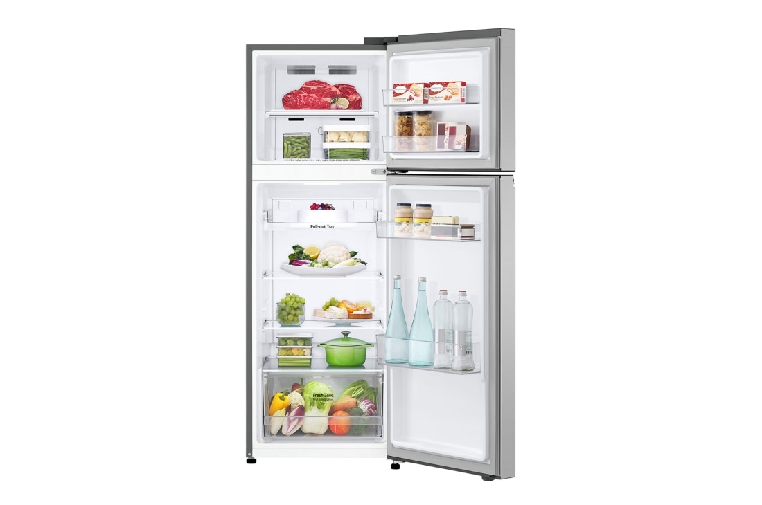 LG 243L Top Freezer Refrigerator in Platinum Silver, Smart Inverter, Humidity Control, front view with food, GR-B355PLMB, thumbnail 2