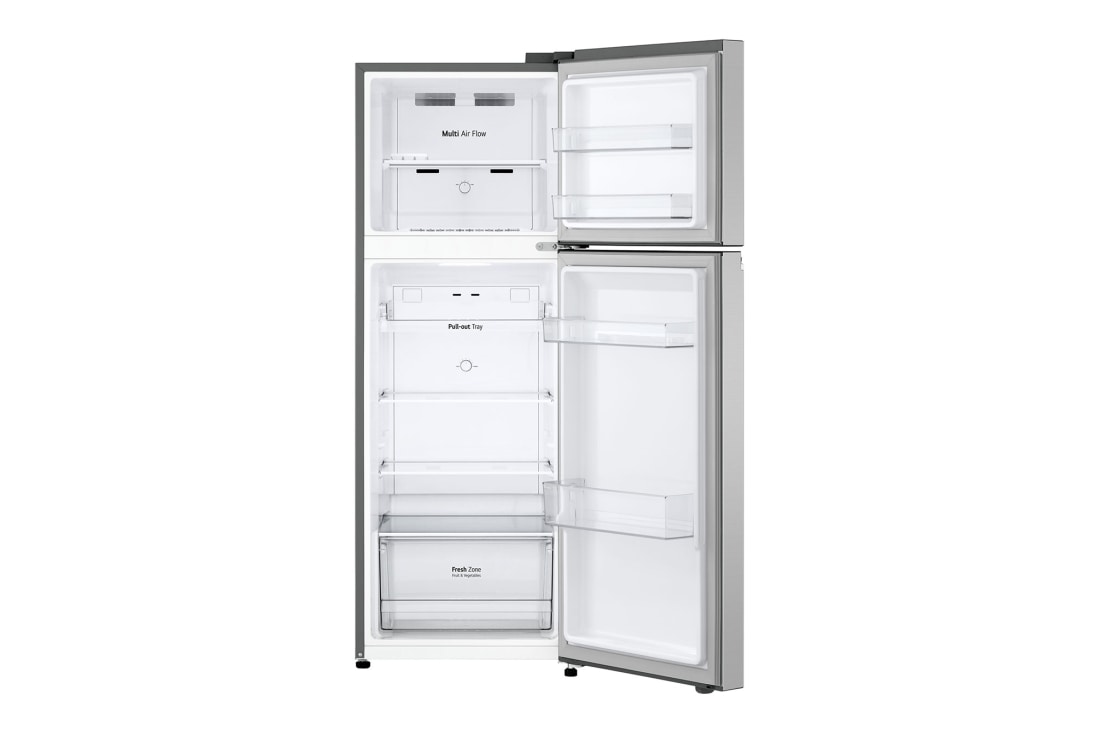 LG 243L Top Freezer Refrigerator in Platinum Silver, Smart Inverter, Humidity Control, front view without food, GR-B355PLMB, thumbnail 3