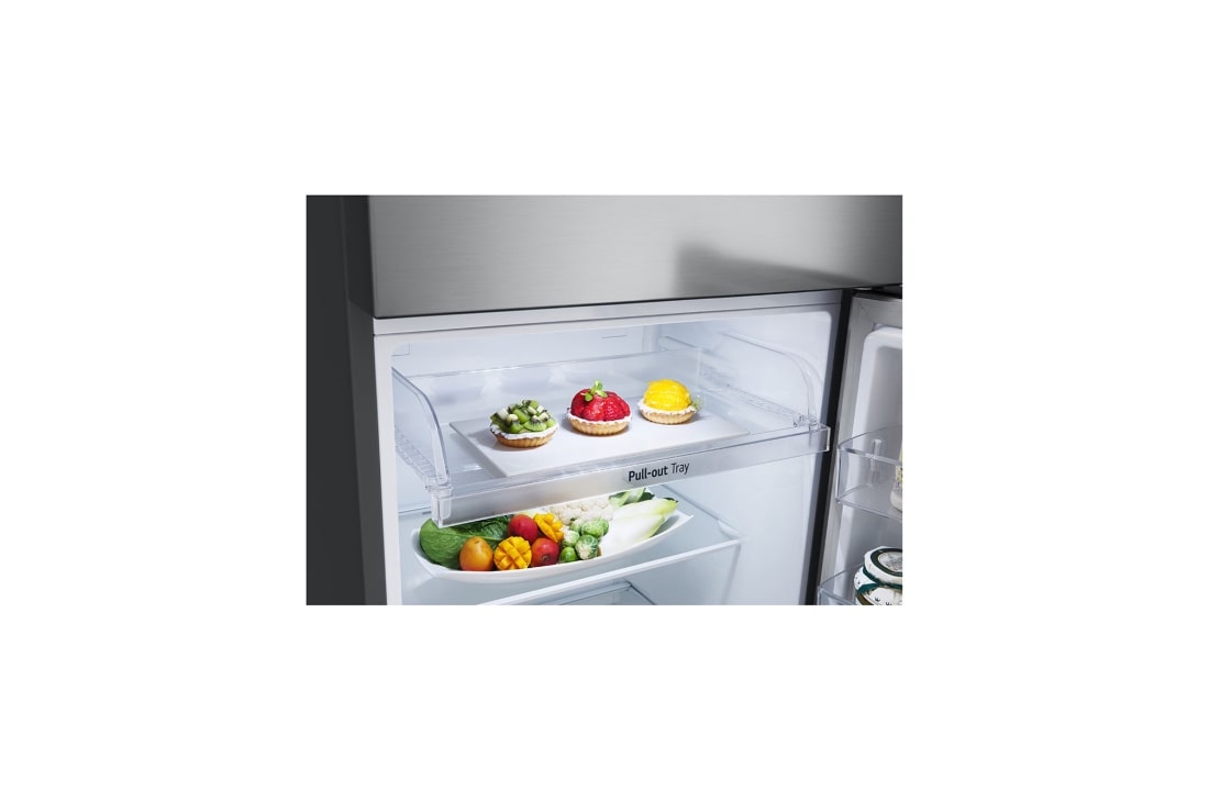 LG 243L Top Freezer Refrigerator in Platinum Silver, Smart Inverter, Humidity Control, with food, GR-B355PLMB, thumbnail 5