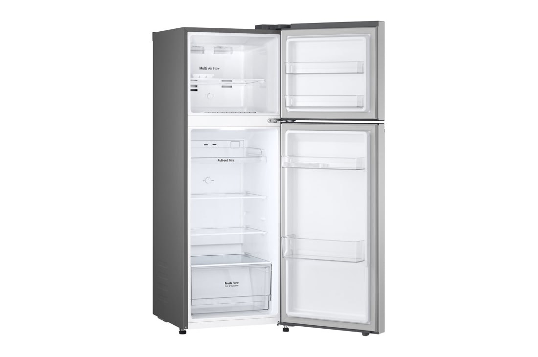 LG 243L Top Freezer Refrigerator in Platinum Silver, Smart Inverter, Humidity Control, side view door open, GR-B355PLMB, thumbnail 12