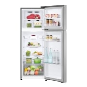 LG 243L Top Freezer Refrigerator in Platinum Silver, Smart Inverter, Humidity Control, front view with food, GR-B355PLMB, thumbnail 2