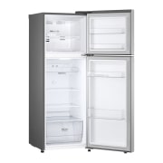 LG 243L Top Freezer Refrigerator in Platinum Silver, Smart Inverter, Humidity Control, side view door open, GR-B355PLMB, thumbnail 12