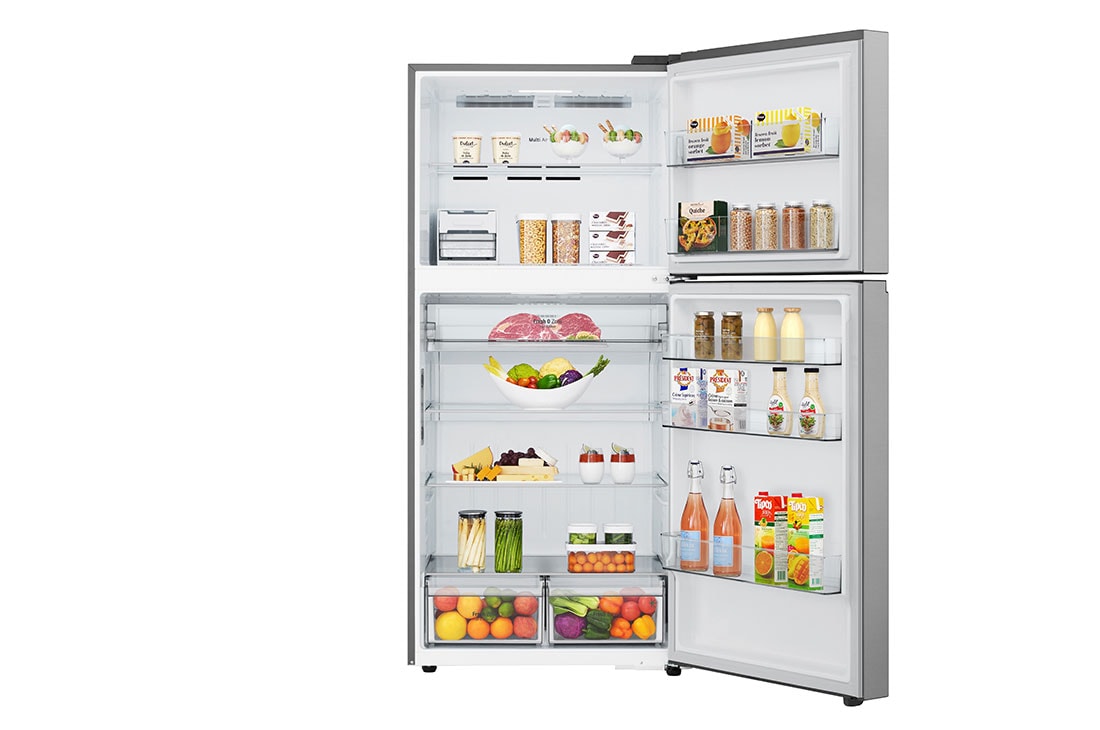 LG 612L Top Freezer Fridge with Smart Inverter Compressor, DoorCooling⁺™, LinearCooling™ and LG ThinQ, Silver, front open view with food stored, LTB852PFBQ, thumbnail 2