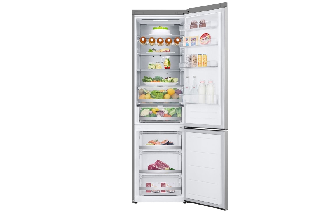 LG 387L NatureFRESH™ Fridge with LinearCooling™, DoorCooling+™, Smart Inverter Compressor™, Metal Fresh™ in Prime Silver, Front open with food, GR-B509FMFW, thumbnail 2