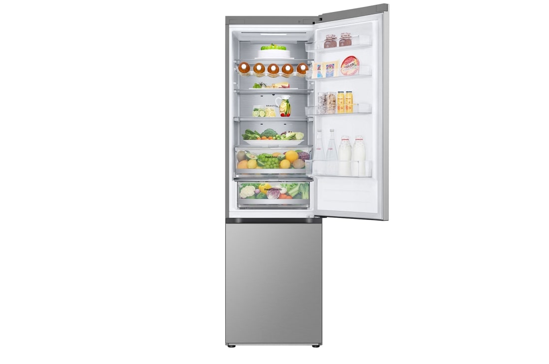 LG 387L NatureFRESH™ Fridge with LinearCooling™, DoorCooling+™, Smart Inverter Compressor™, Metal Fresh™ in Prime Silver, Front top door open, GR-B509FMFW, thumbnail 10