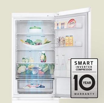 Fresh food-filled refrigerator with open door and 10-year warranty label of smart inverter compressor.