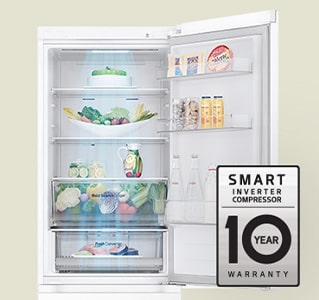 Fresh food-filled refrigerator with open door and 10-year warranty label of smart inverter compressor.