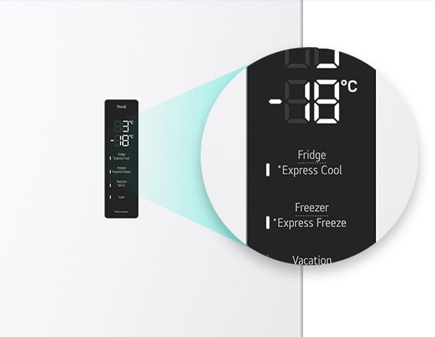 Close-up of the express cool button located at the top of the refrigerator.	