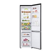 LG 387L NatureFRESH™ Refrigerator with Smart Inverter Compressor™, Essence Matte Black, front door open view with food, GR-B509FQFW, thumbnail 2