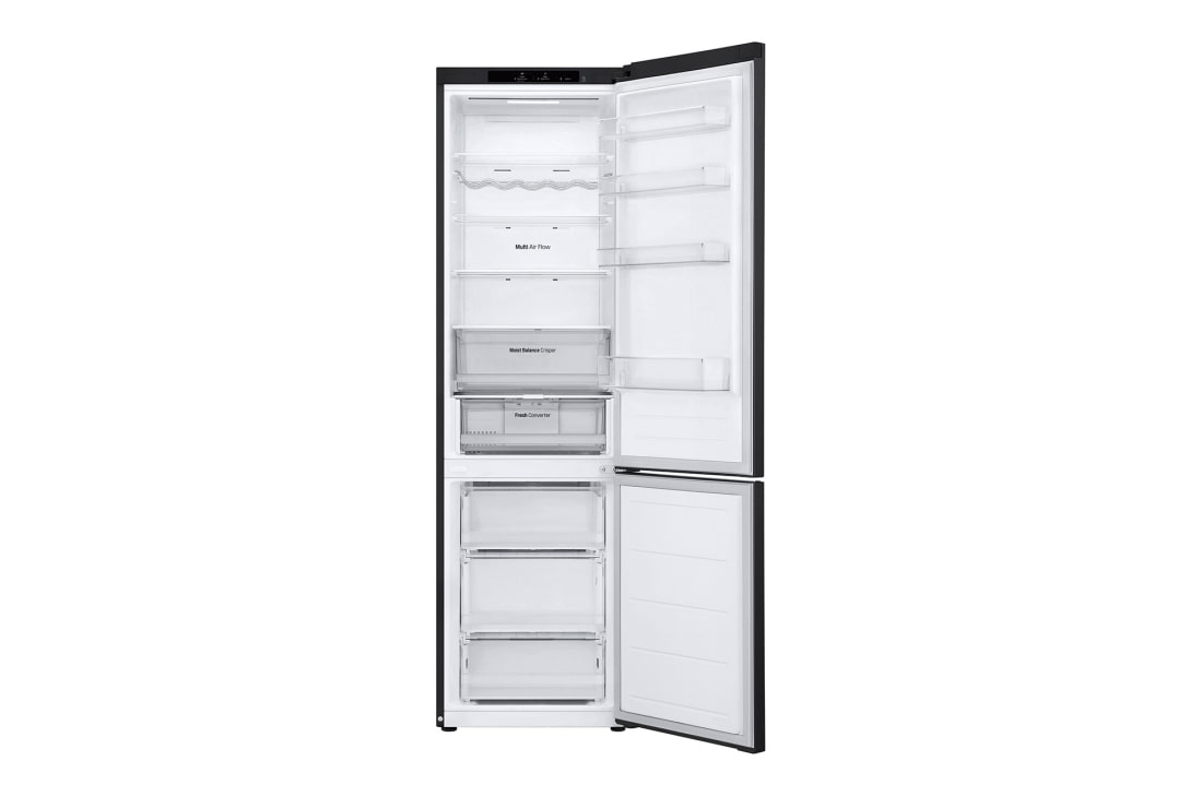 LG 387L NatureFRESH™ Fridge with LinearCooling™, DoorCooling+™, Smart Inverter Compressor™, Metal Fresh™ in Essence Matte Black, front door open view, GR-B509FQFW, thumbnail 2
