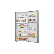 LG 609L Top Freezer Fridge with Smart Inverter Compressor, DoorCooling⁺™, LinearCooling™ and LG ThinQ, Silver, front open view with food stored, LTB842PFBQ, thumbnail 2