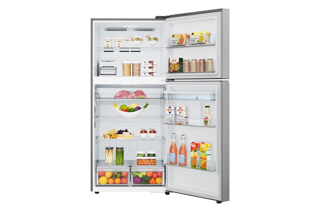 LG 609L Top Freezer Fridge with Smart Inverter Compressor, DoorCooling⁺™, LinearCooling™ and LG ThinQ, Silver, front open view with food stored, LTB842PFBQ, thumbnail 2
