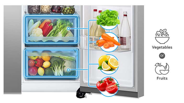 The 2 baskets below the refrigerator can store approximately 2 sorts of foods, which are veggies and fruits