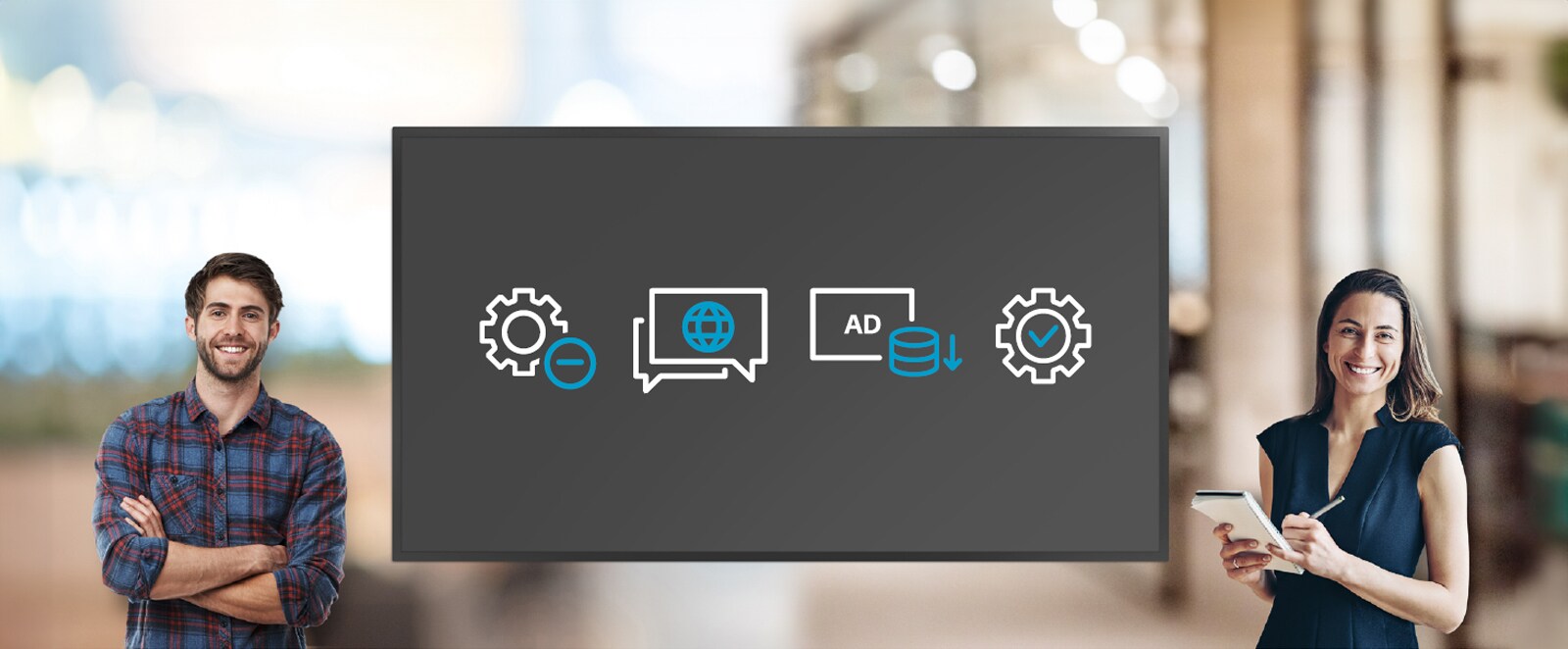 This image features a man and a woman standing next to a monitor displaying LG DOOH Ads' Programmatic Ads options, highlighted by simple icons. It indicates that users can set preferences such as content filtering, language settings, bottom price settings, and content approval.