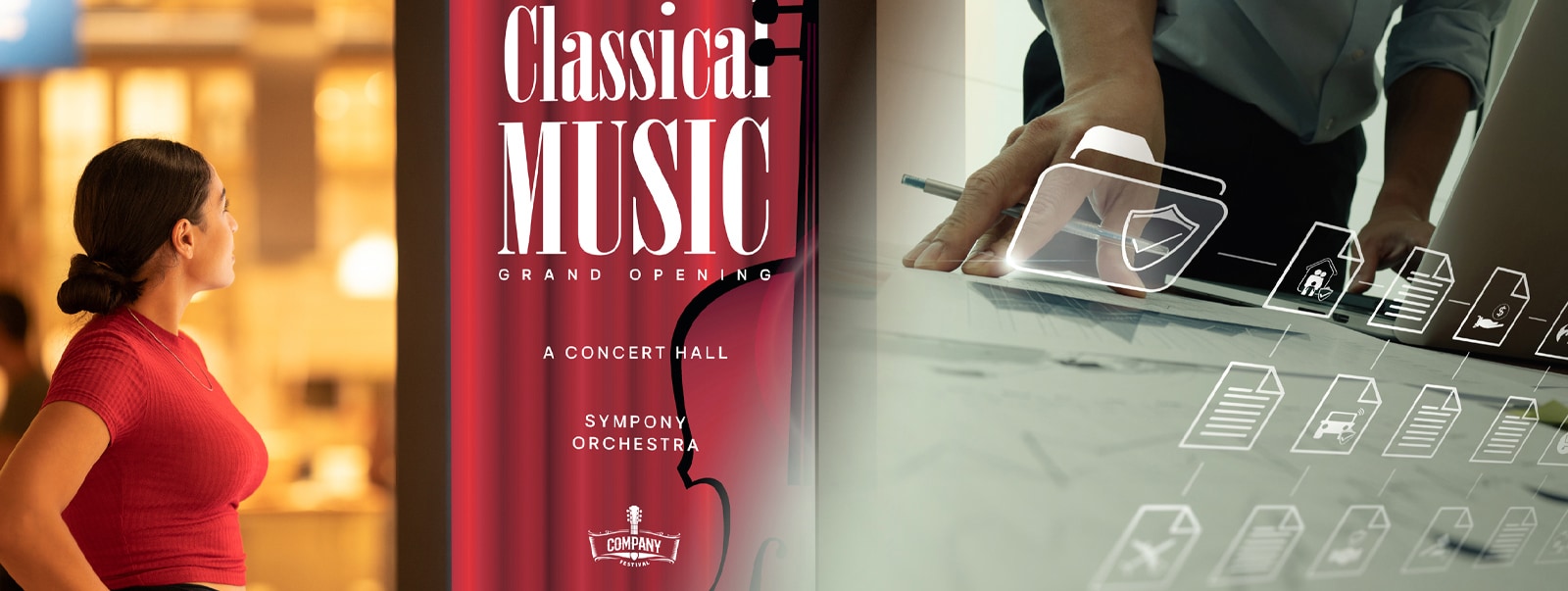 On the left, a woman watches a digital signage screen displaying an ad for a classical music concert, while on the right, another person checks attention data.