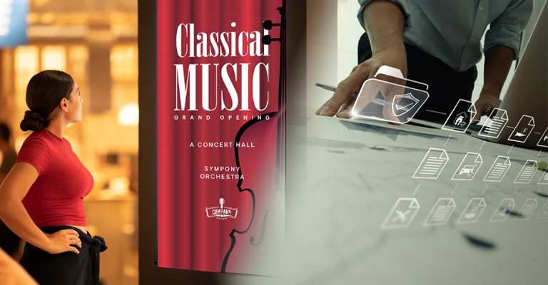 On the left, a woman watches a digital signage screen displaying an ad for a classical music concert, while on the right, another person checks attention data.