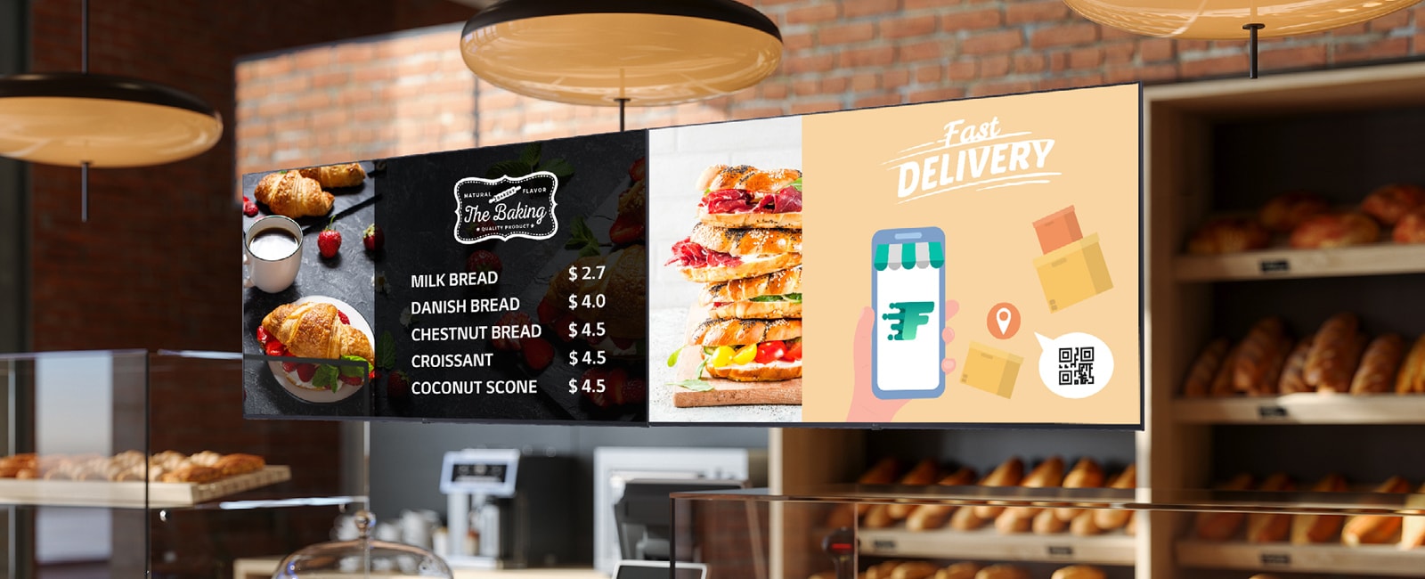 This image shows digital signage inside a cafe displaying an ad for fast delivery services.