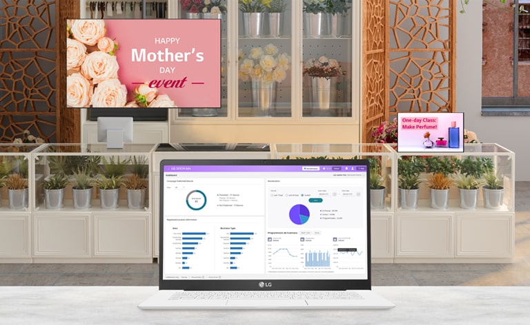 This image shows a laptop screen displaying the LG DOOH Ads’ Dashboard.
