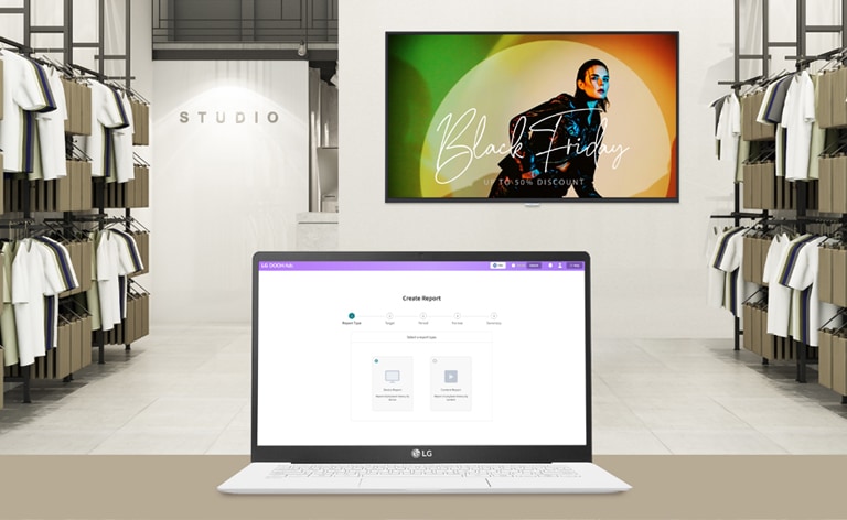 This image shows a laptop screen featuring LG DOOH Ads' Reports.
