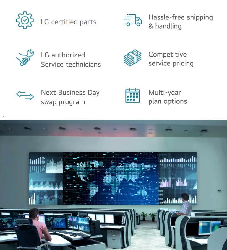 Infographic showcasing LG ExtendedCare features: certified parts, authorized technicians, hassle-free shipping, competitive pricing, next-business-day swap, and multi-year plans. Accompanied by an image of a control room with advanced data visualization screens.