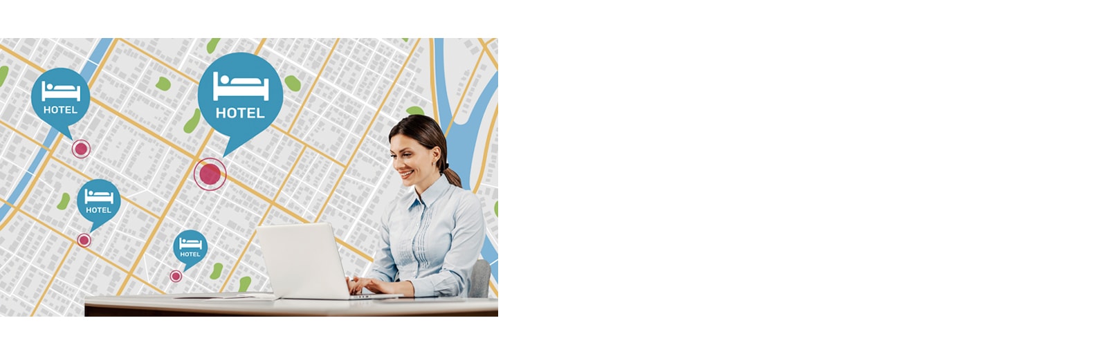 A woman sitting at the desk is using her PC to manage hotel TVs across different locations.