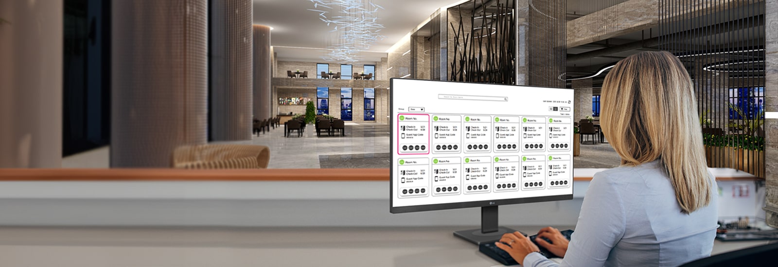 An administrator is monitoring the status of hotel rooms using a PC.
