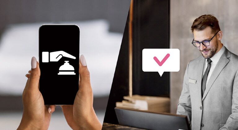 On the left, a scene depicting a customer requesting room service via phone is displayed, while on the right, a hotelier is depicted checking customer requests in real-time using a PC.