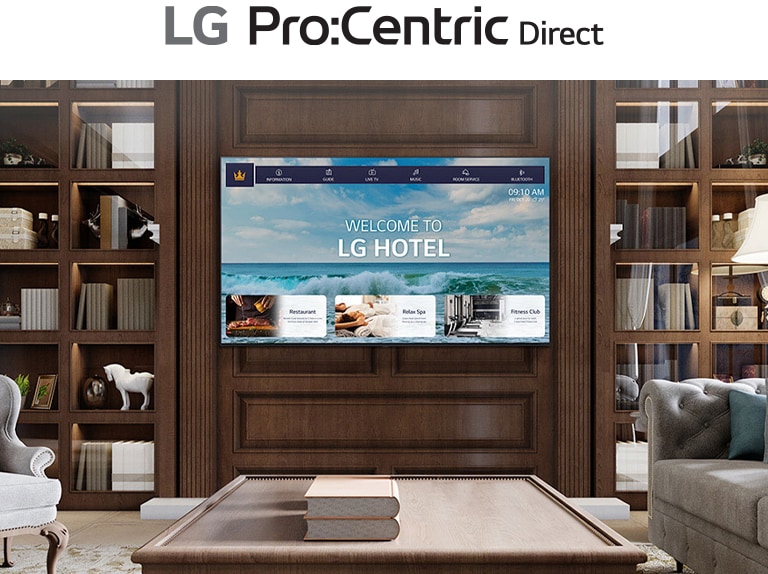 A luxury hotel room features a central TV equipped with LG Pro:Centric, displaying a welcoming message to guests.