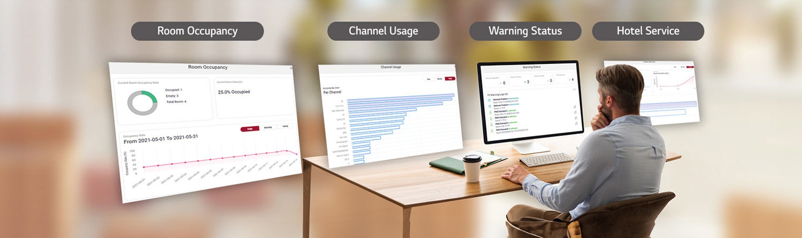 A man is reviewing various dashboards through Data Viewer.