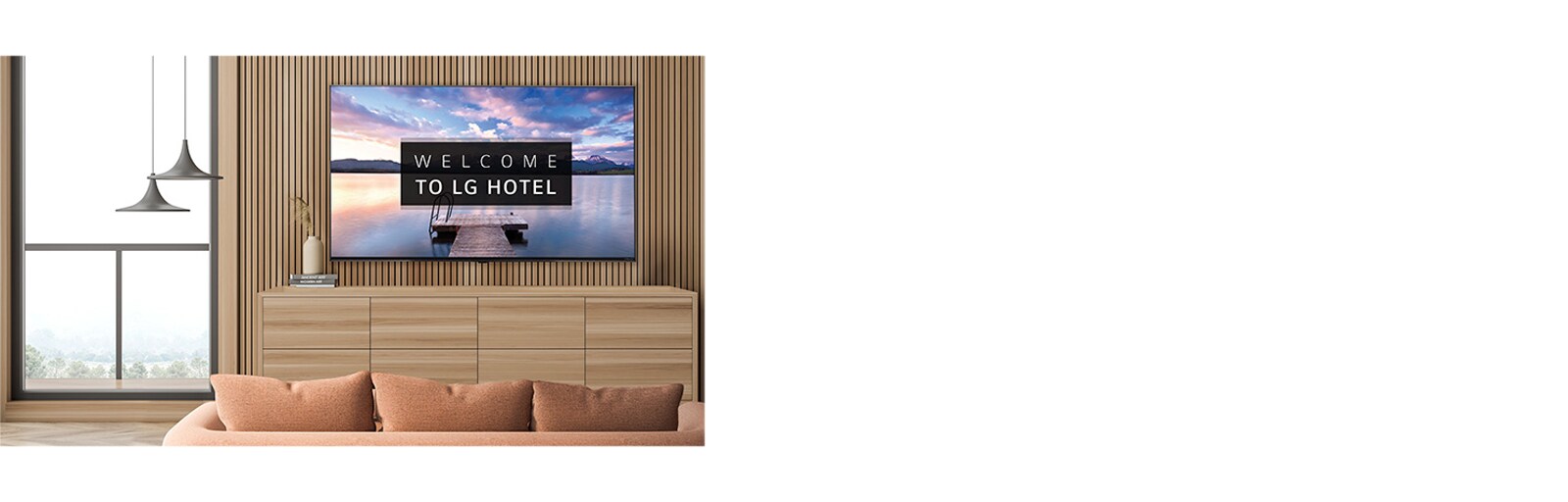 An LG commercial TV is installed in a hotel room.