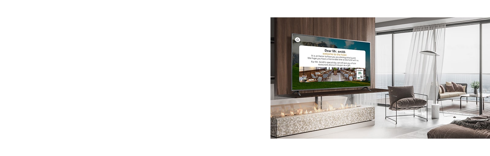 An LG commercial TV is installed in a resort room.