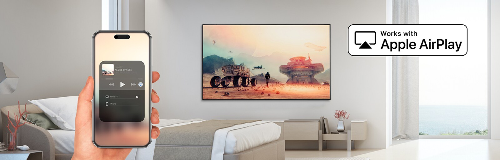 The image demonstrates that the AirPlay feature allows content from an iPhone to be displayed on the hotel room TV.