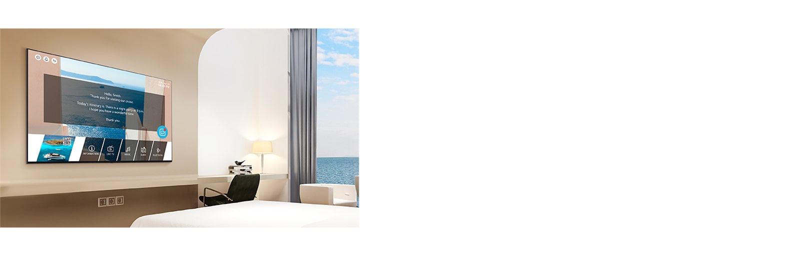 An LG commercial TV is installed in a cruise ship cabin.