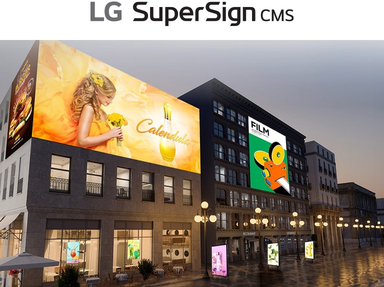 It displays a virtual space where various types of signage, such as large LED displays, window-facing displays, and open-frame displays, are being used.