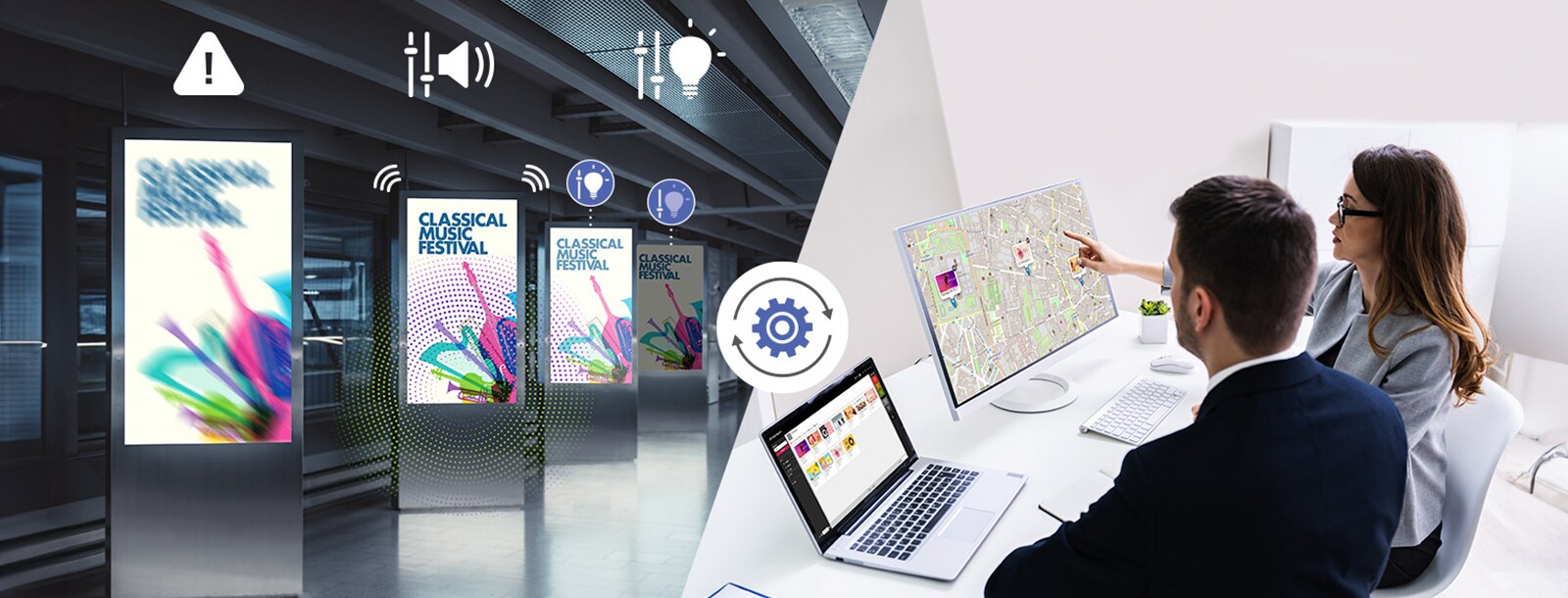 This image illustrates changing the settings of installed signage. The left image shows the ability to detect screen errors, adjust volume, and control brightness. The right image showcases how administrators can remotely manage signage without the need for on-site visits when issues arise.