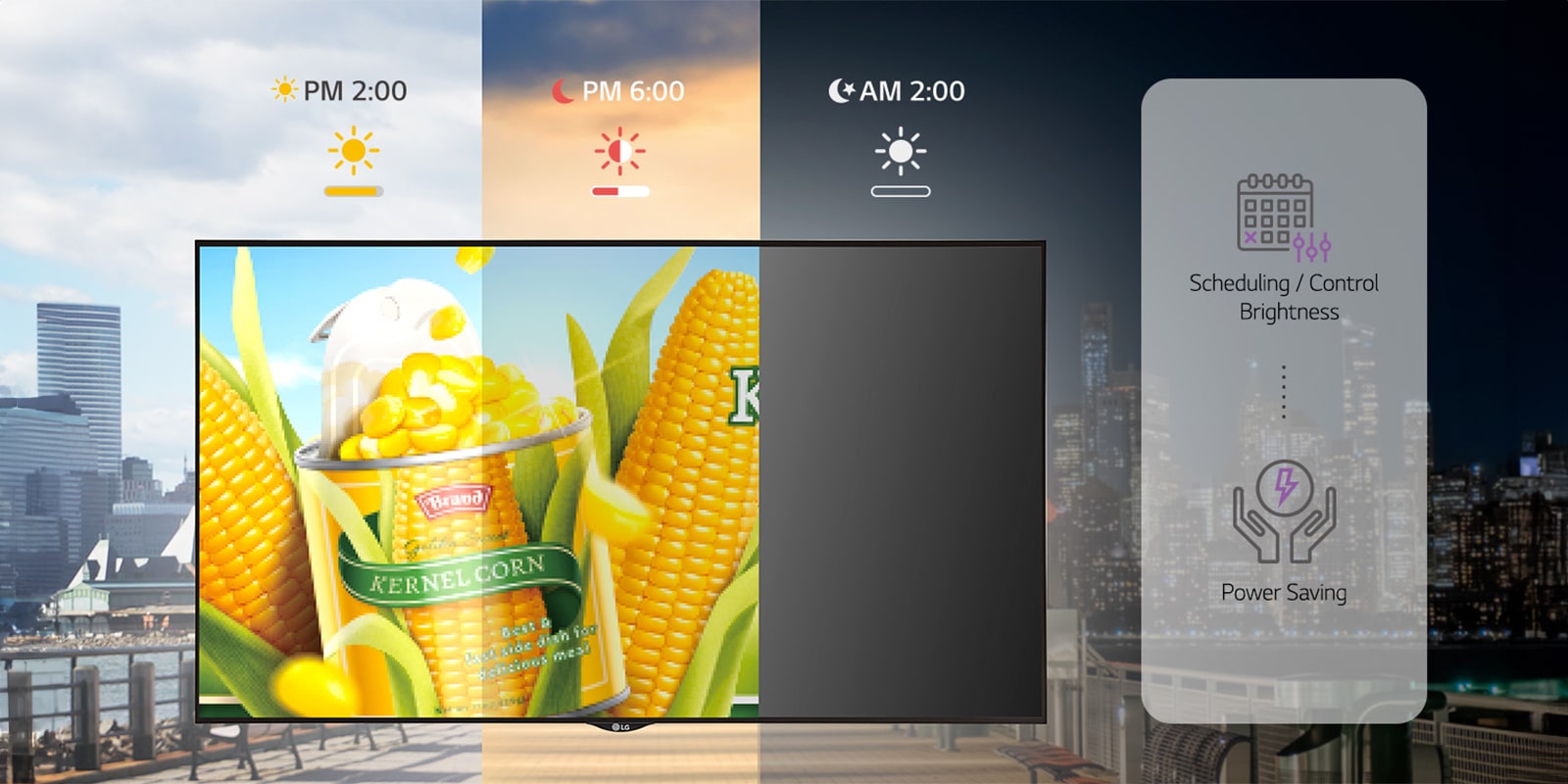 Utilizing LG SuperSign CMS, brightness of signage can be adjusted based on external lighting conditions to optimize power consumption. The scheduling feature is used to adjust the brightness, maintaining maximum brightness at 2 PM and gradually reducing it as it gets darker by 6 PM. The image also illustrates that the power can be turned off at 2 AM.