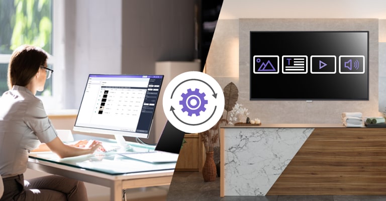 This image illustrates remote display control by an administrator through a cloud-based server.