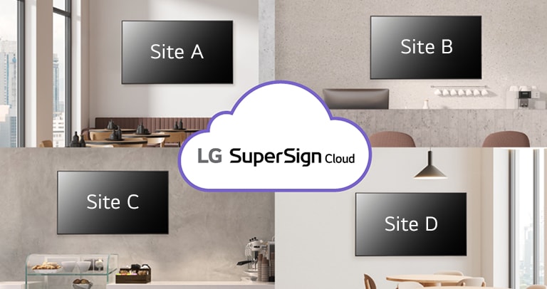 This image showcases LG SuperSign Cloud’s feature that enables users to easily and consistently manage displays across multiple sites.