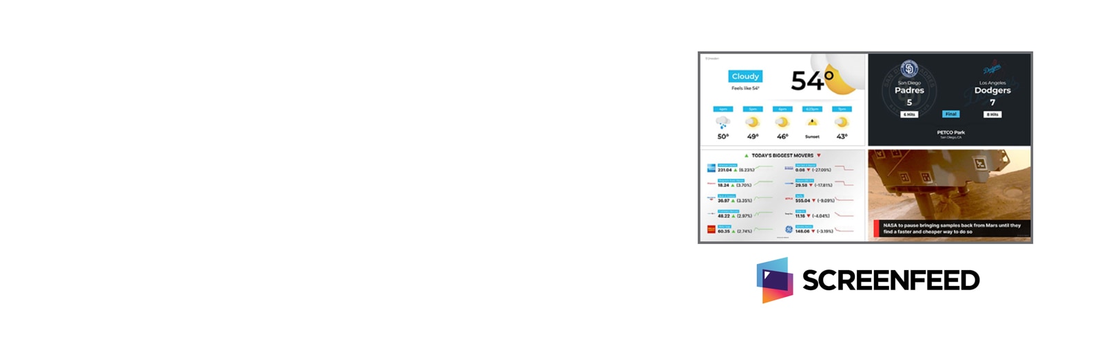 This image shows examples of various screen layouts that can be created using SCREENFEED content.