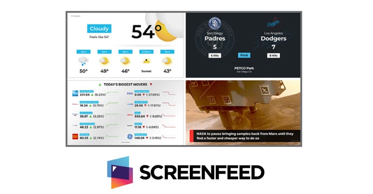 This image shows examples of various screen layouts that can be created using SCREENFEED content.