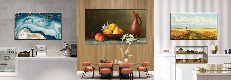 This image showcases displays in various spaces playing different artworks, utilizing the Art Lounge feature to create diverse atmospheres.