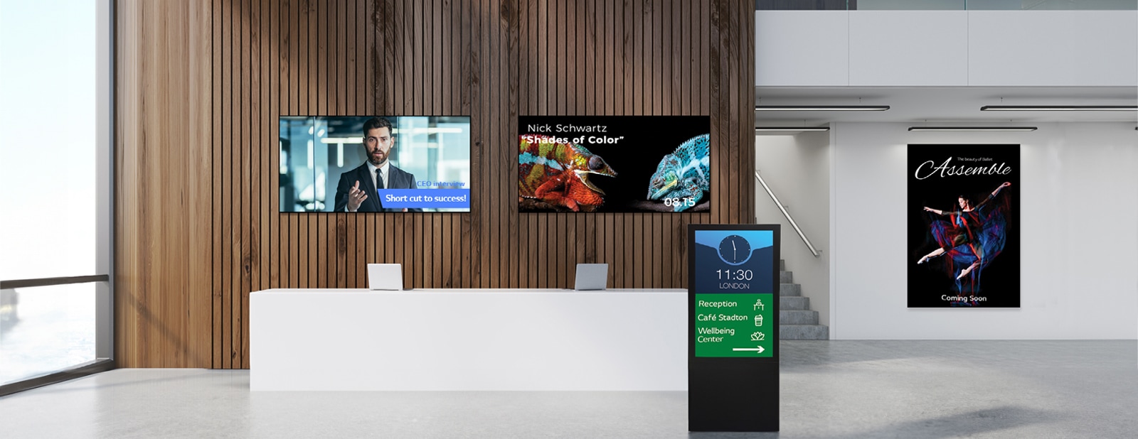 Various types of displays are installed in the company lobby.