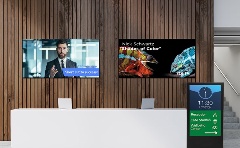 Various types of displays are installed in the company lobby.