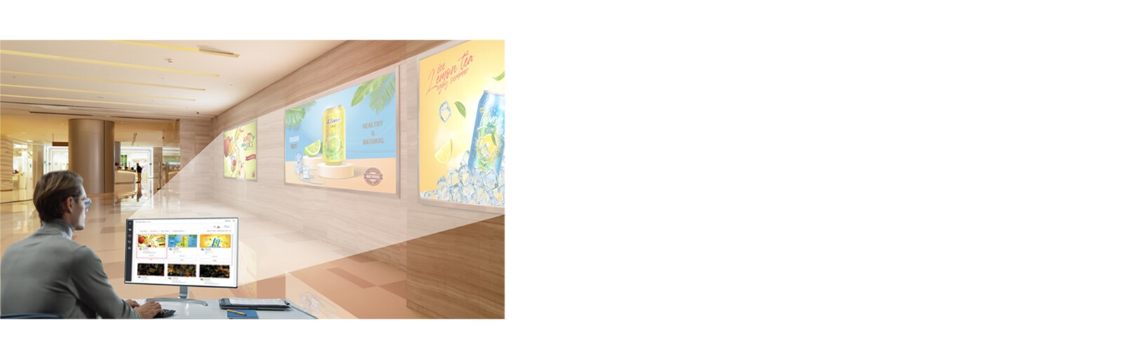 An administrator is controlling multiple signage devices collectively using a personal PC.