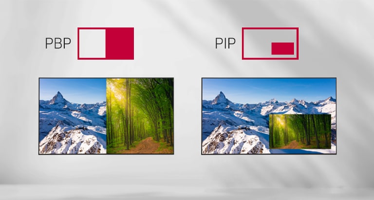 This image explains PBP (a feature that displays two pieces of content side by side on one screen) and PIP (which shows one piece of content within another).