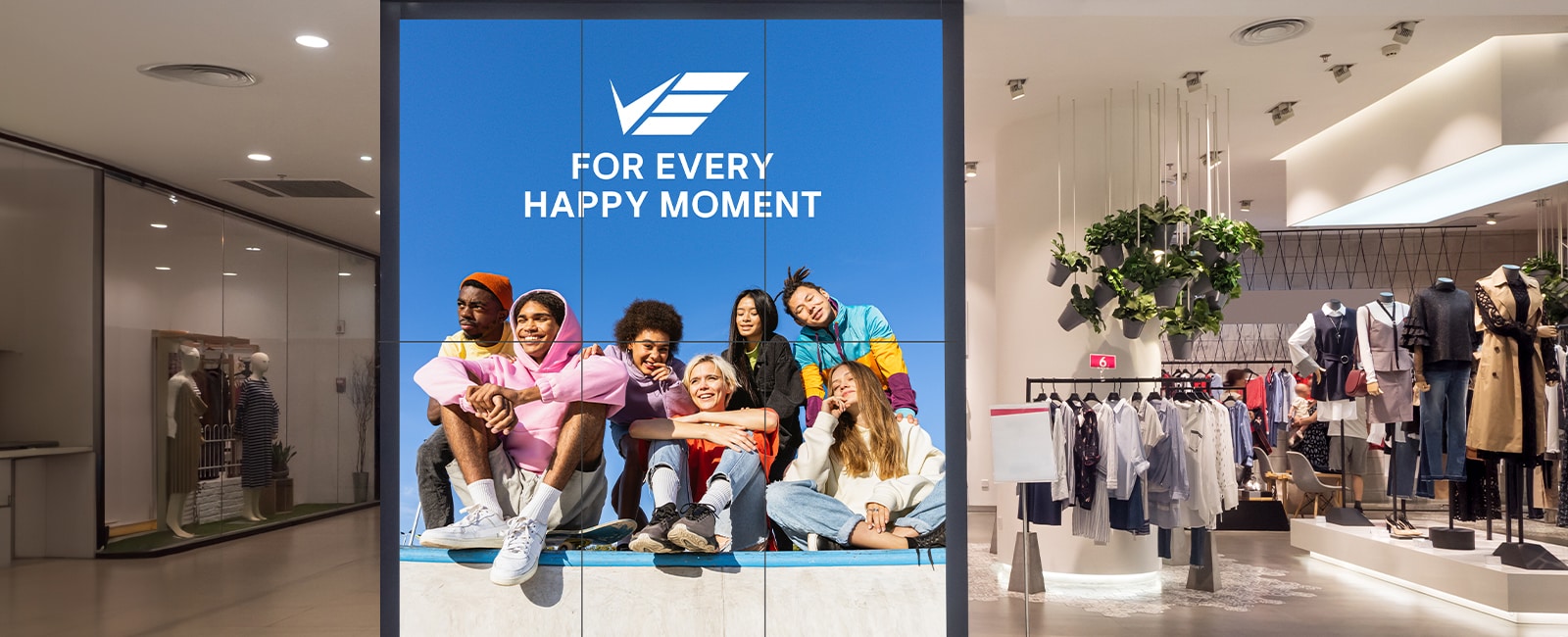 This image highlights a video wall in a retail store, configured in a 2x3 layout based on user preferences.