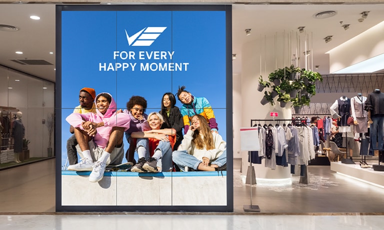 This image highlights a video wall in a retail store, configured in a 2x3 layout based on user preferences.